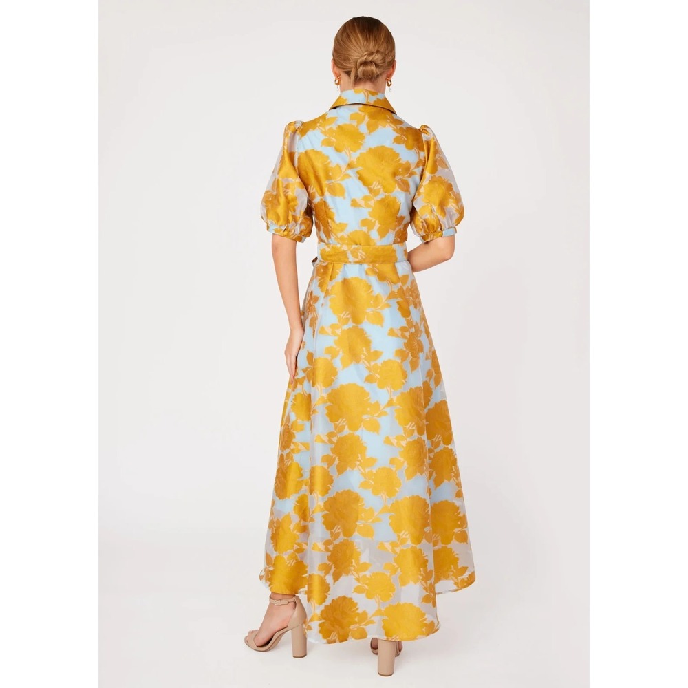 Gold Floral Maxi Shirt Dress with Tie Belt in Light Blue - Picture 4 of 9